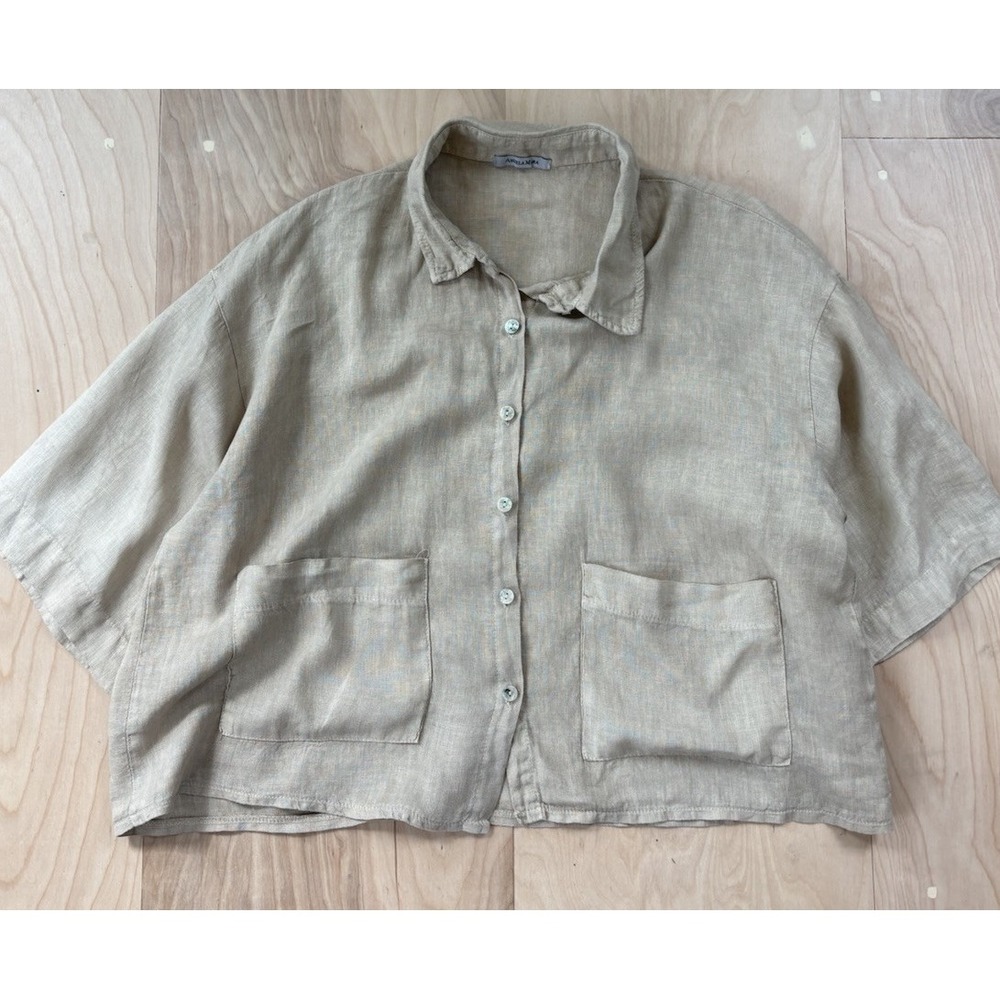 Angela Mara Made In Italy Khaki Button Front  Top Pockets Boxy Women's XL Earthy